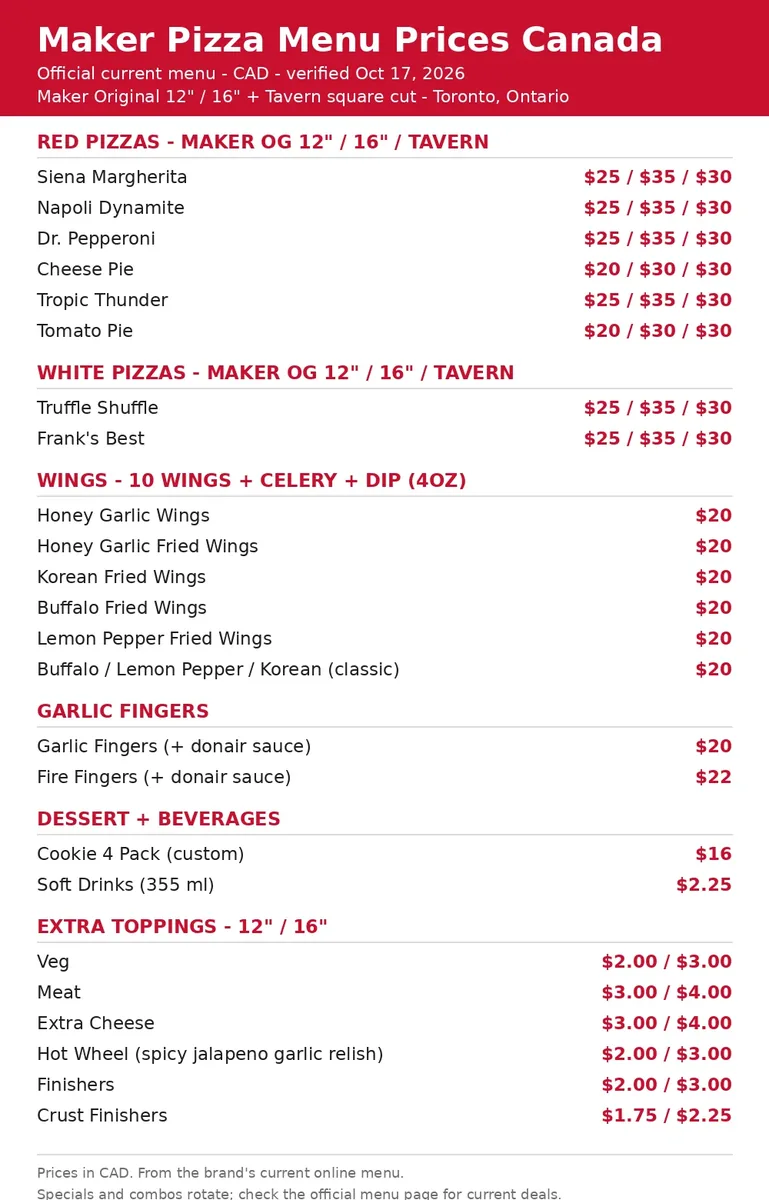 Maker Pizza menu prices Canada: full menu card with current CAD prices for pizzas, wings and sides
