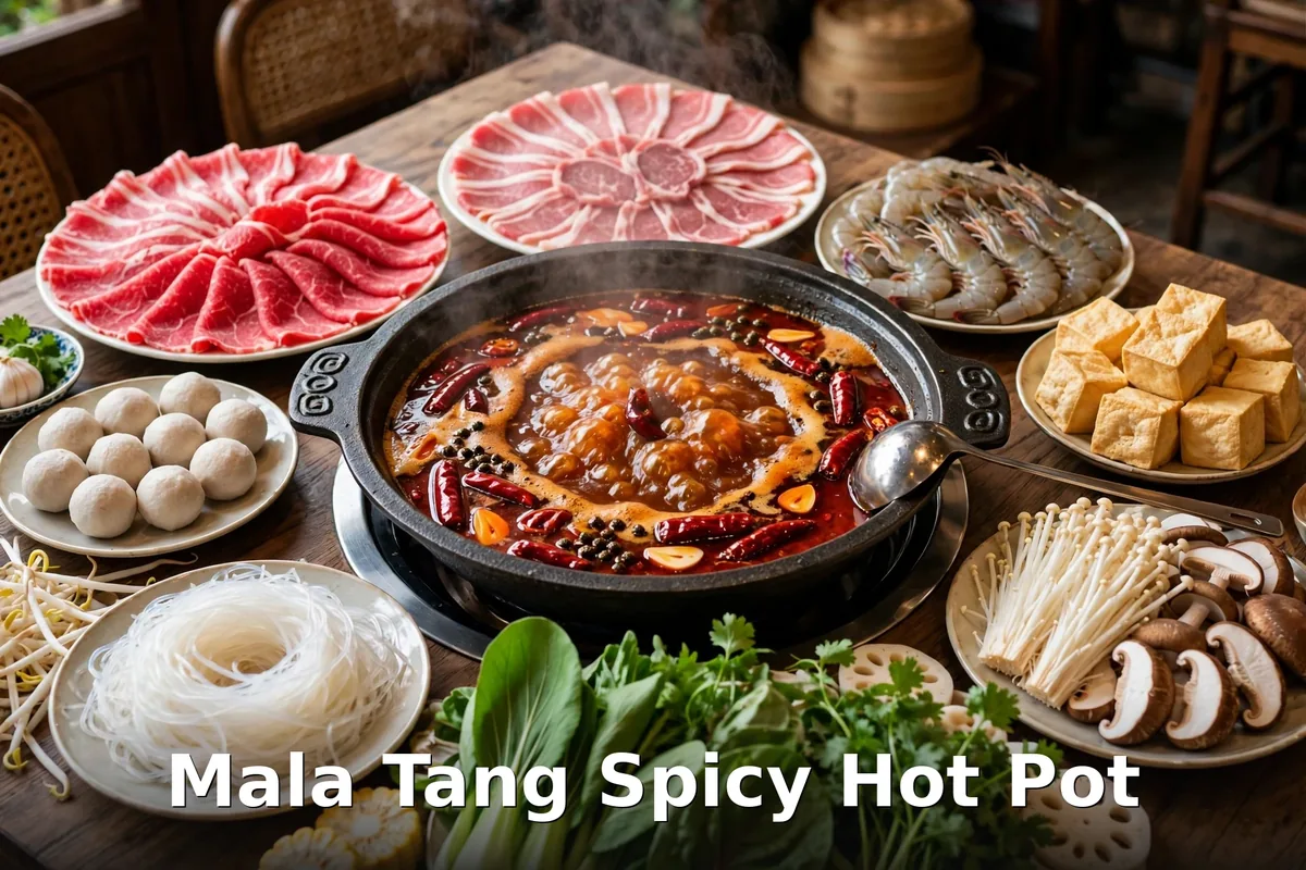 Malatang spicy hot pot cooking in Sichuan chili broth with chopsticks lifting noodles, bone soup malatang spicy hot pot prices, mala tang menu prices canada