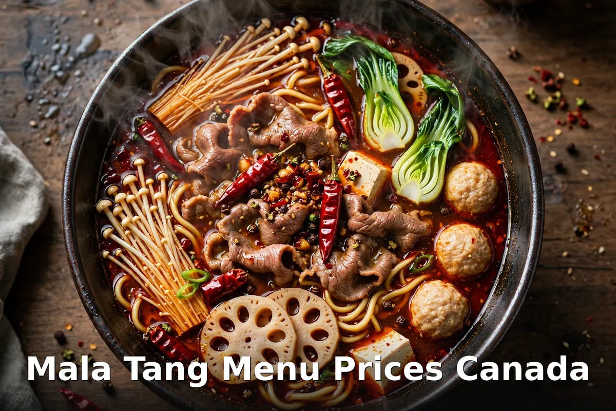 Steaming malatang spicy hot pot with meats, seafood and vegetables in Sichuan chili broth, mala tang menu prices canada 2026