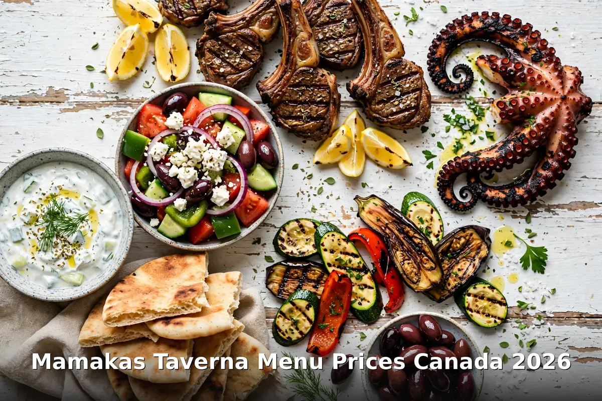 Mamakas Taverna menu prices Canada 2026: grilled octopus, lamb chops, Greek salad and tzatziki spread, Mamakas Taverna menu prices Canada