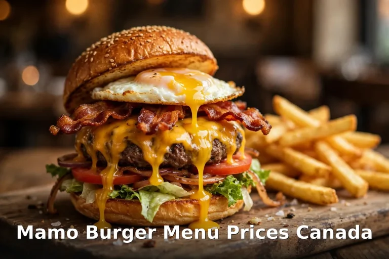 mamo burger menu prices Canada 2026: AI-generated bacon-egg cheeseburger with cheddar, fried egg and fries, Mamo Burger Bar signature burger
