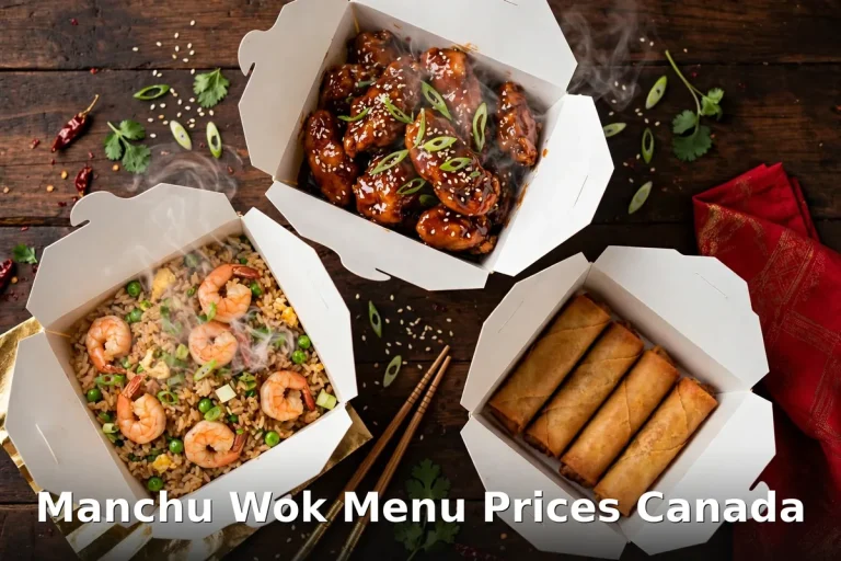 Manchu Wok takeout boxes with sesame chicken, shrimp fried rice and spring rolls, manchu wok menu prices canada