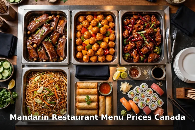 Mandarin Restaurant menu prices Canada 2026: all-you-can-eat buffet spread with honey garlic spareribs, sweet and sour chicken balls, chow mein, spring rolls and sushi
