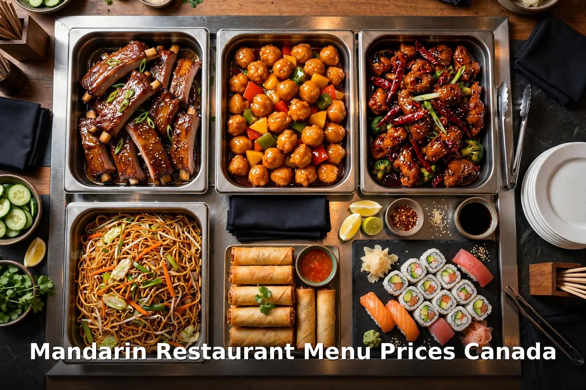 Mandarin Restaurant menu prices Canada 2026: all-you-can-eat buffet spread with honey garlic spareribs, sweet and sour chicken balls, chow mein, spring rolls and sushi