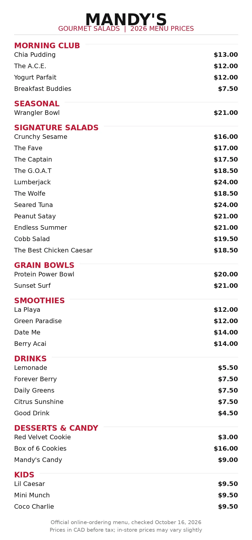 Mandy's Salads menu card with official 2026 prices, mandy's salads menu prices canada