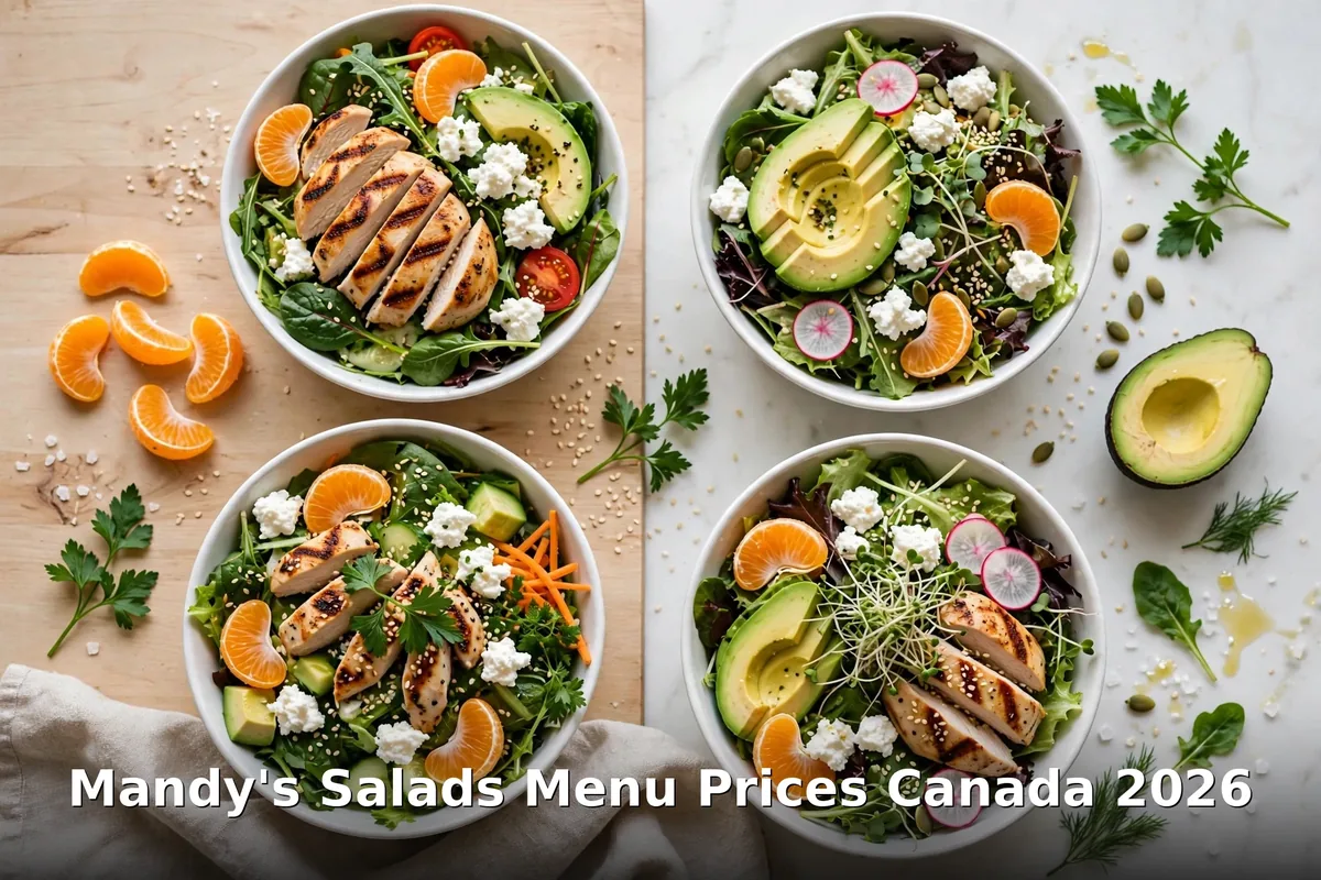 Mandy's Salads menu prices Canada 2026: gourmet salad bowls with grilled chicken and avocado
