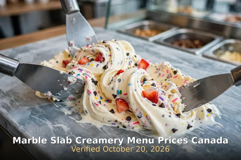 Marble Slab Creamery menu prices Canada: fresh ice cream with strawberries and sprinkles being folded on a frozen marble slab, marble slab creamery menu prices