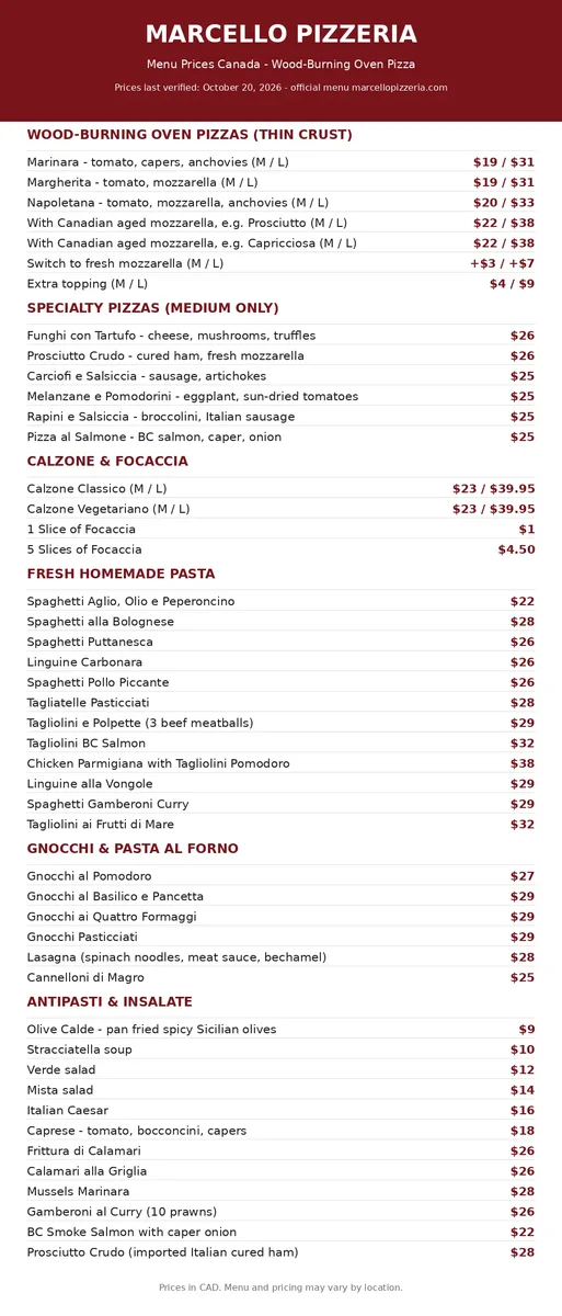 Marcello Pizzeria menu card with current Canadian prices