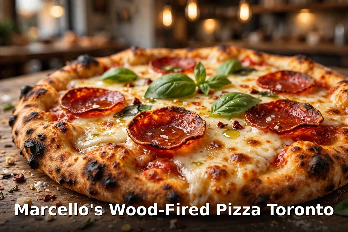 Wood-fired Margherita pizza at Marcello's Pizzeria, marcellos menu prices canada