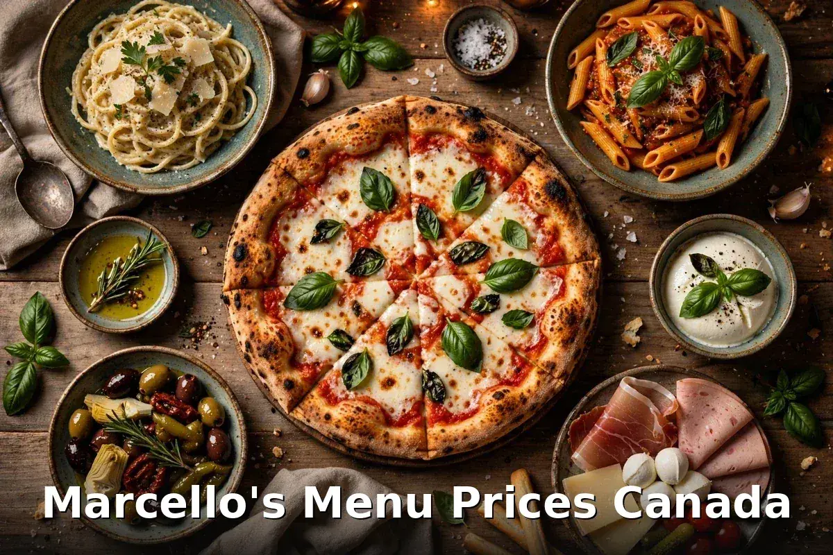 Wood-fired Italian pizza with basil at Marcello's Pizzeria, marcellos menu prices canada 2026