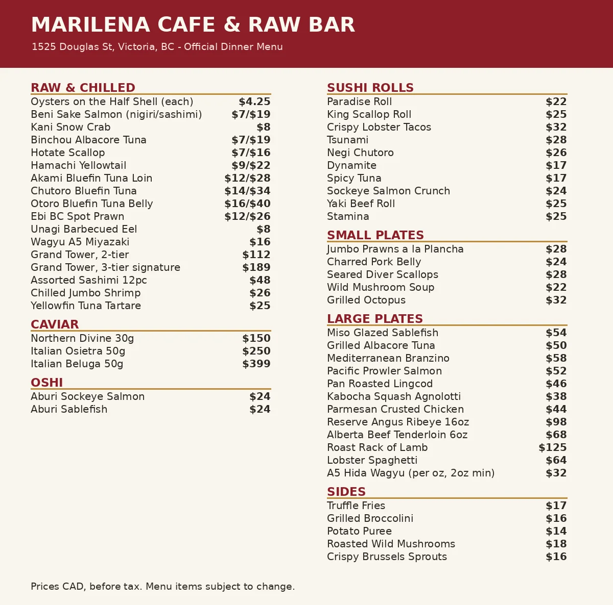 Marilena Cafe menu prices Canada, official dinner menu card with raw bar, sushi rolls, small plates and large plates in CAD