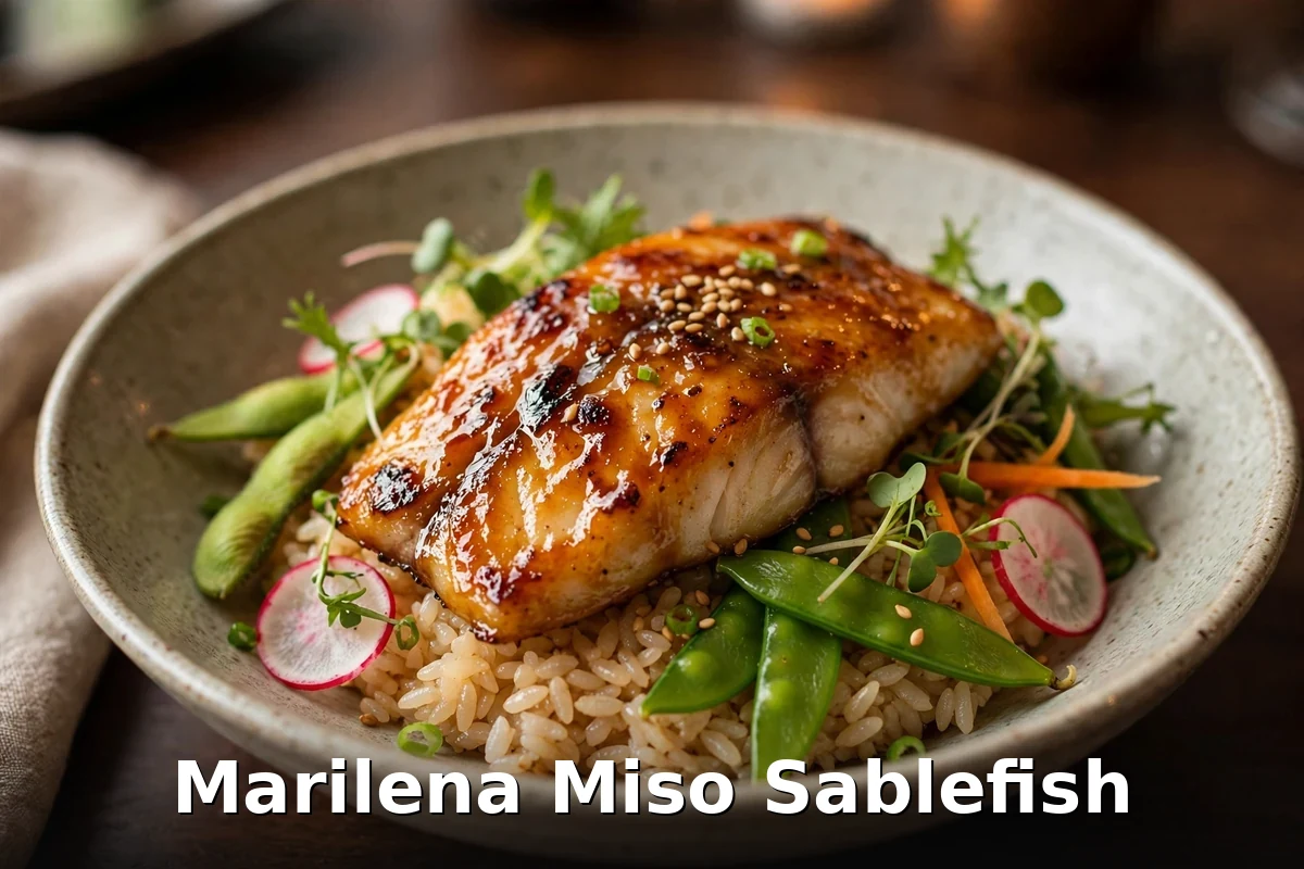 Marilena Cafe menu prices Canada, miso glazed sablefish with warm sushi rice, Marilena sablefish price