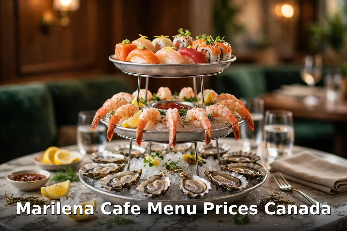 Marilena Cafe menu prices Canada 2026, seafood tower with oysters, shrimp and sushi rolls in a Victoria fine dining room