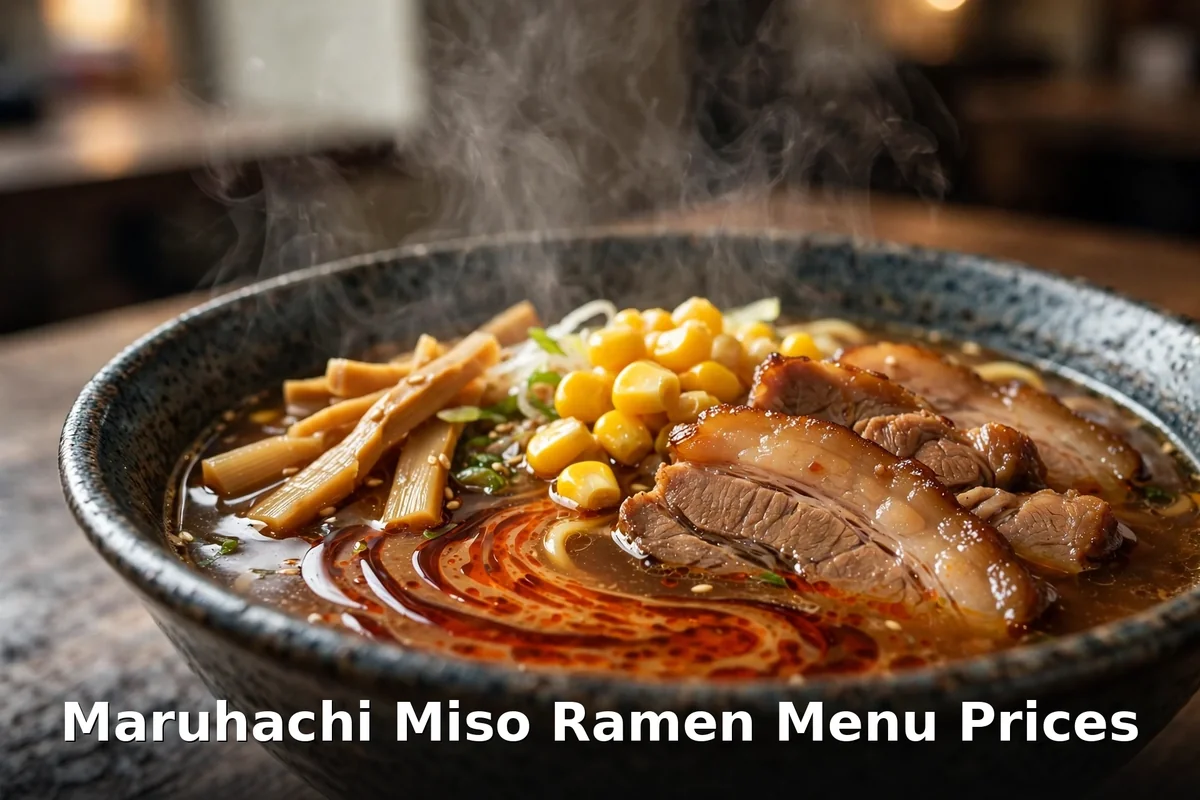 Maruhachi miso ramen menu prices Canada, spicy miso ramen bowl with corn