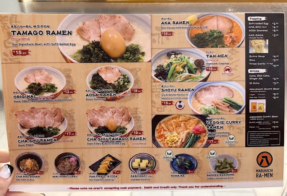 Marutama Ramen menu card photo showing ramen bowl prices in CAD, marutama ramen menu prices canada