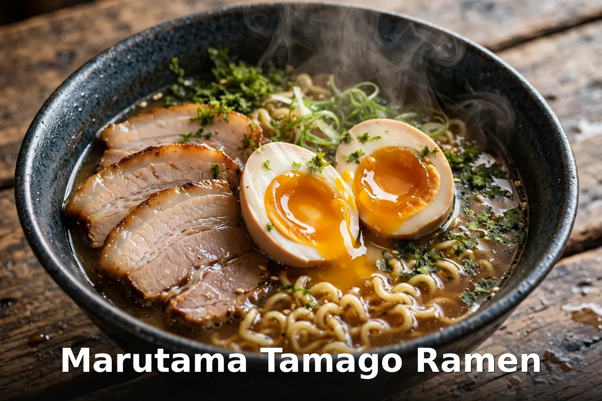 Tamago ramen bowl with soft-boiled egg and rich chicken broth, marutama tamago ramen prices vancouver