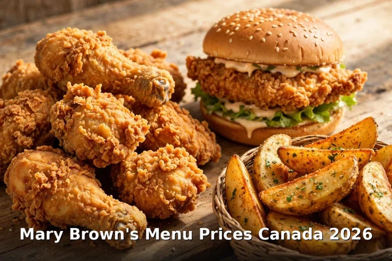 Mary Brown's Menu Prices Canada 2026: crispy fried chicken drumsticks, Big Mary chicken sandwich and seasoned potato wedges on a wooden table