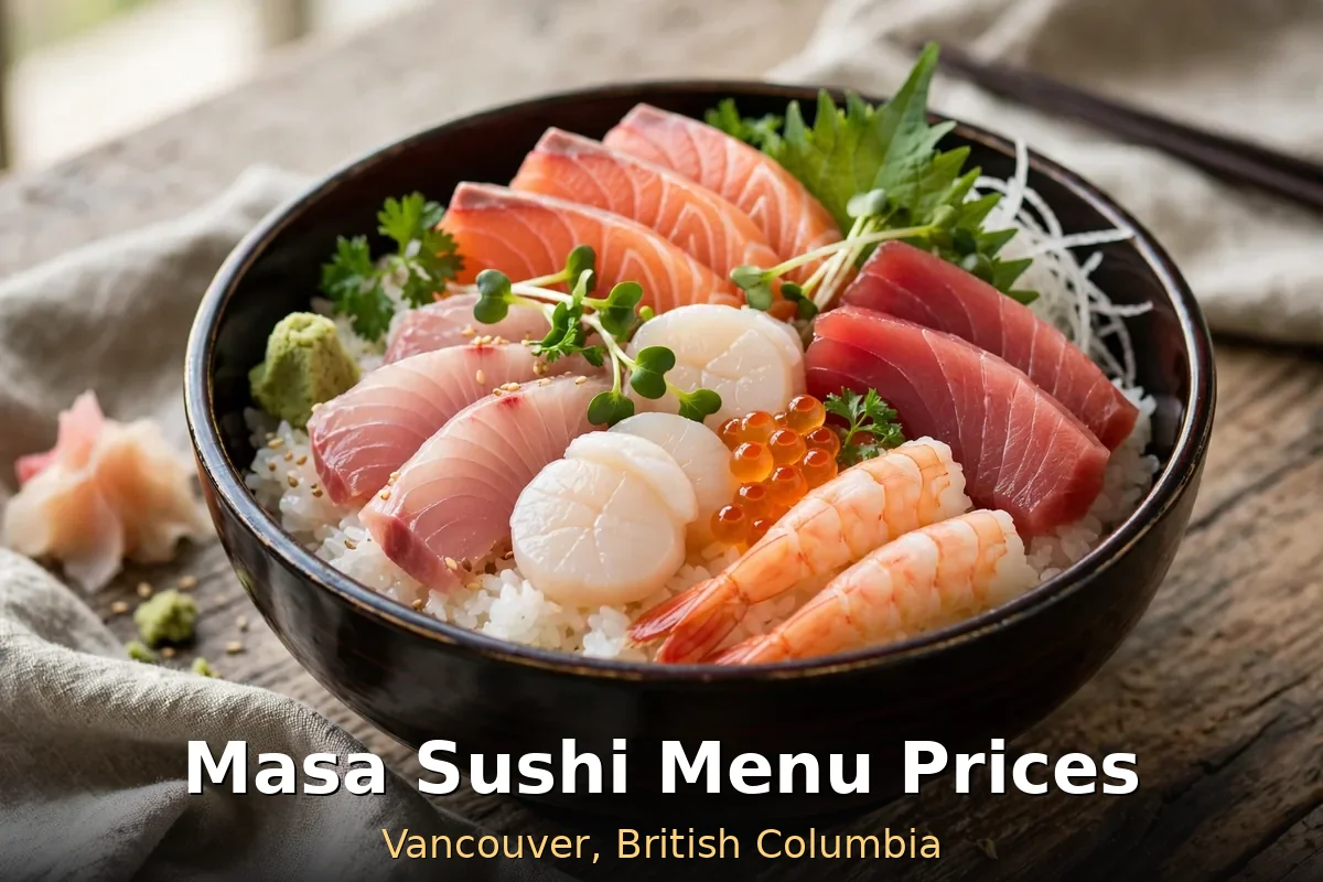 Masa sushi menu prices: chirashi-style donburi bowl with salmon, tuna, scallops and shrimp over rice