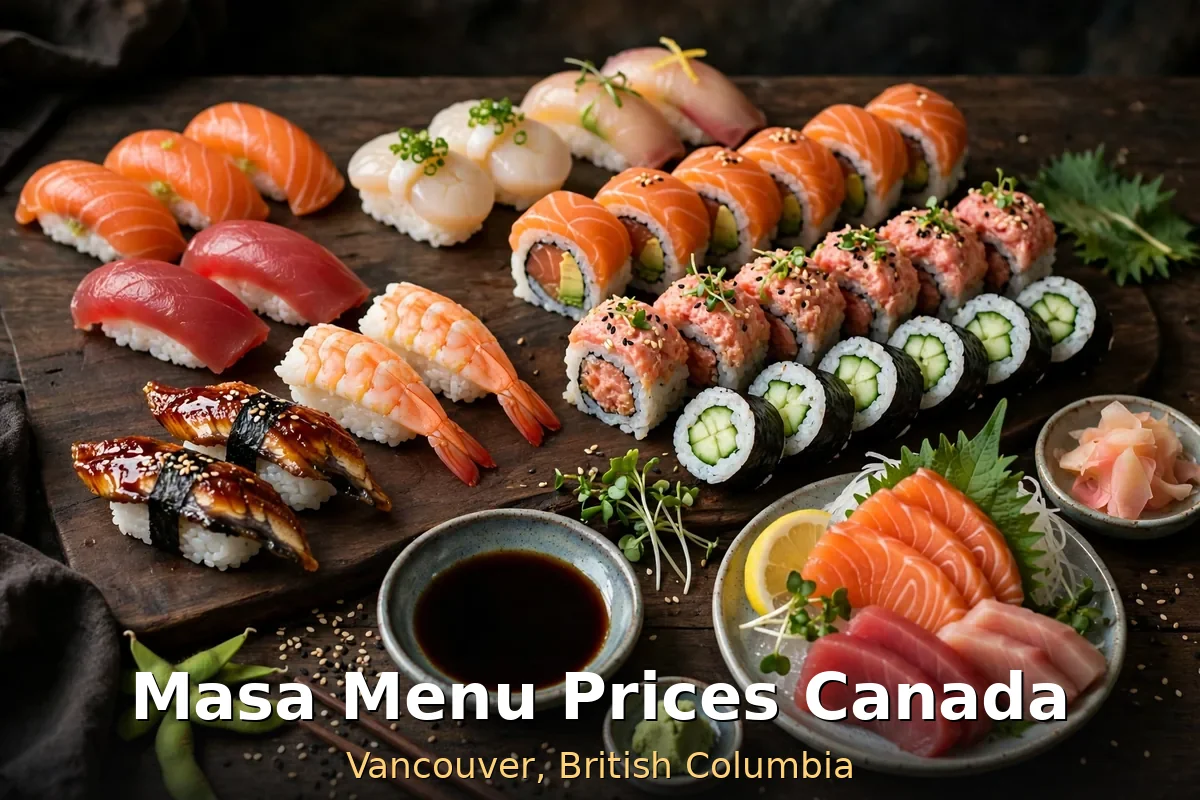 Masa menu prices Canada 2026: salmon nigiri, tuna maki rolls and shrimp tempura sushi spread on a dark wood table