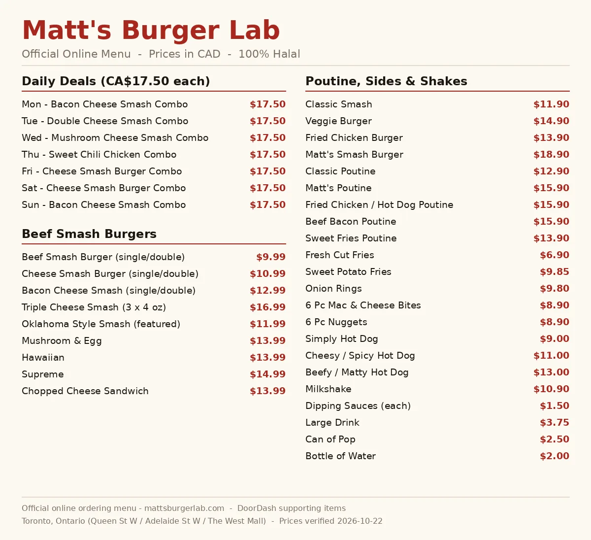 Matt's Burger Lab menu card with current Canadian smash burger prices in CAD, matts burger lab menu prices canada