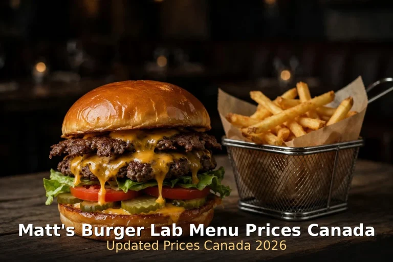 Matt's Burger Lab menu prices Canada 2026 - halal smash burger and fries with crispy battered onions on a dark restaurant table