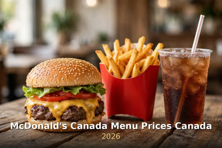 McDonald's Canada menu prices Canada 2026, AI burger fries and drink photo with keyword text overlay