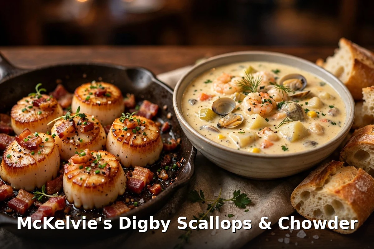 McKelvie's Digby scallops and seafood chowder plate, McKelvie's Digby scallops menu prices Canada