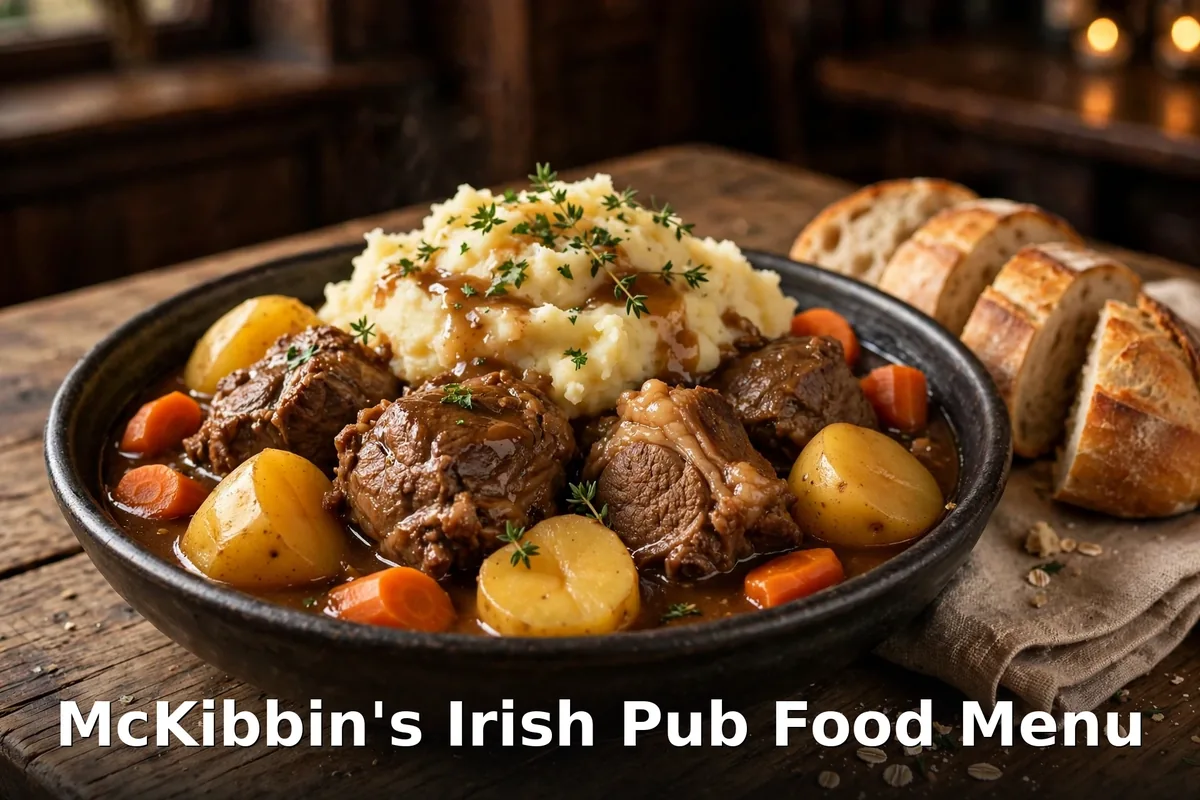 Homemade Irish stew with mashed potatoes and soda bread at an Irish pub, mckibbins irish pub menu prices canada