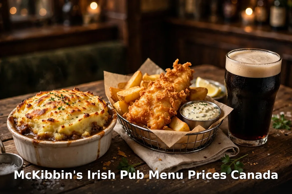 McKibbin's Irish Pub menu prices Canada 2026: AI-generated photo of shepherd's pie, fish and chips and a pint of stout