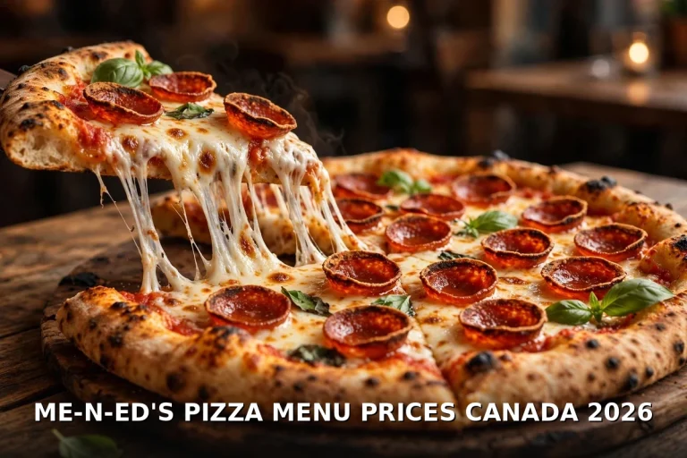 me-n-eds pizza menu 2026: pepperoni pizza with a long cheese pull, fresh basil, cup-and-char pepperoni on a rustic wooden table