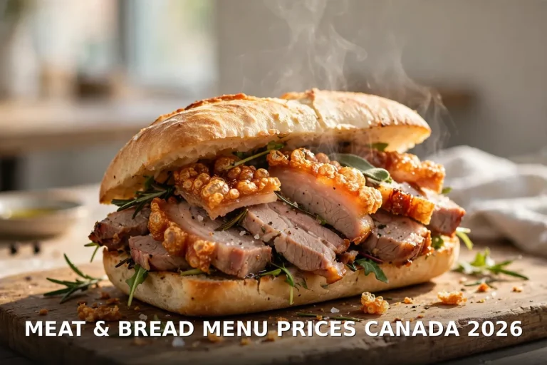 meat bread menu prices canada 2026: steaming porchetta sandwich with crispy crackling, sliced roast pork and rosemary on rustic ciabatta