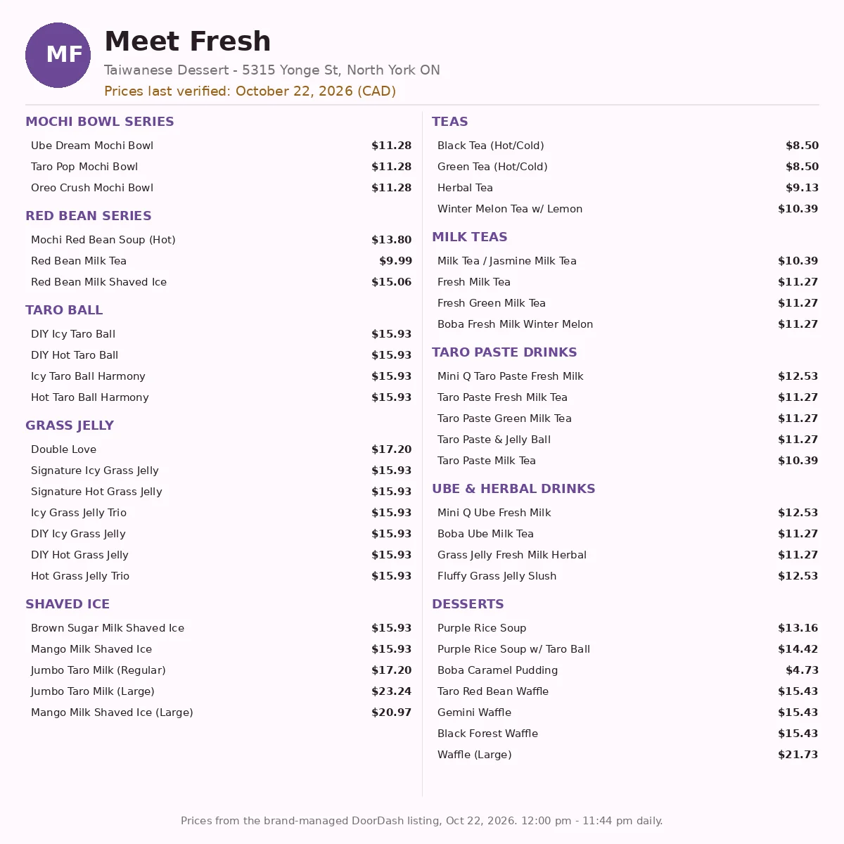 Meet Fresh menu card with current prices in CAD