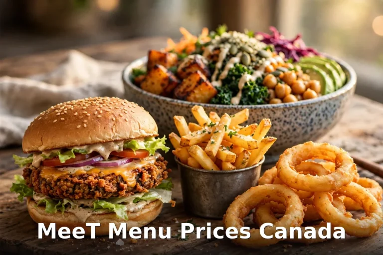 MeeT Menu Prices Canada 2026: plant-based comfort-food spread of vegan burger, fries, onion rings and grain bowl