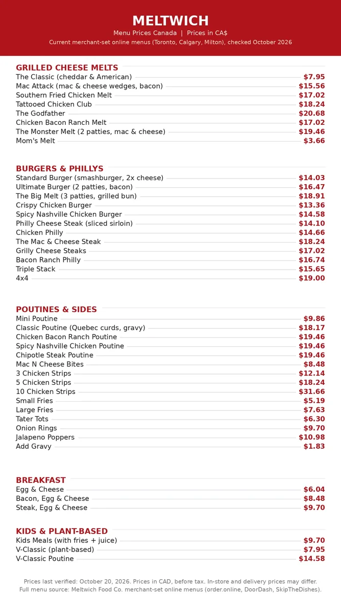 Meltwich menu card with prices