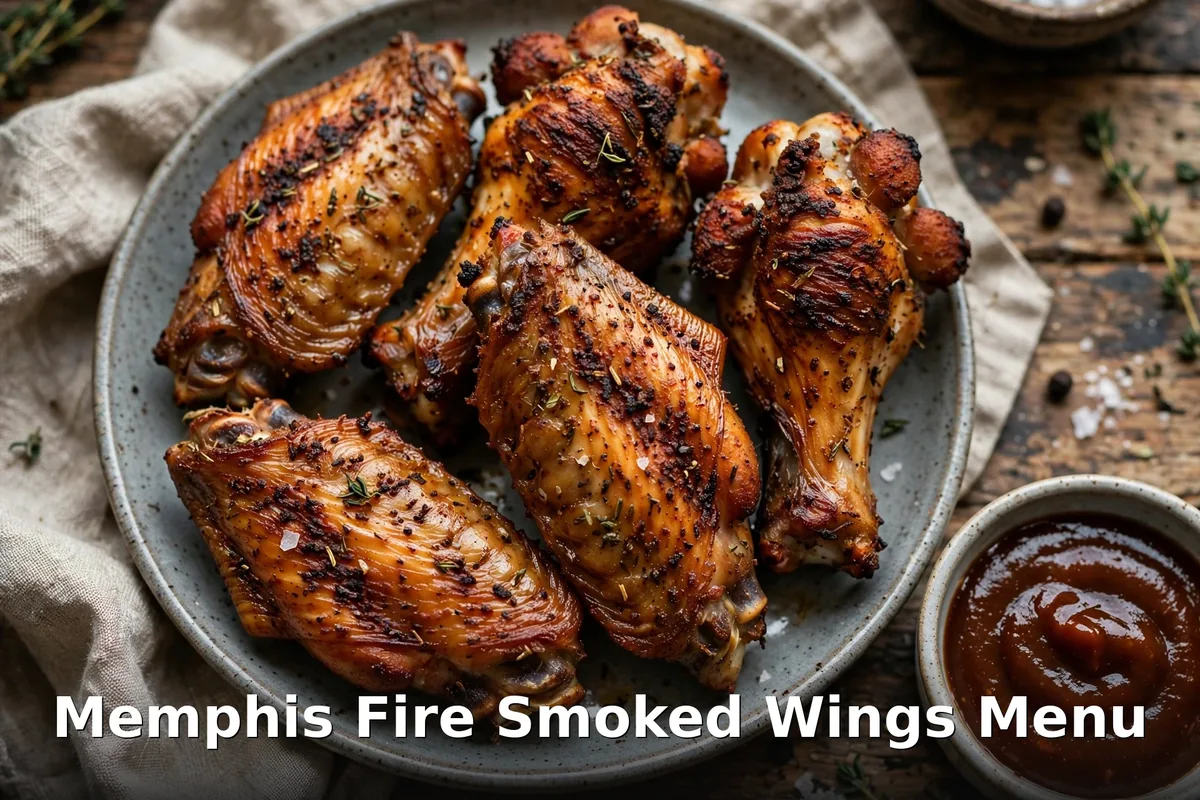 Memphis Fire Barbeque hickory-smoked wings with BBQ sauce, memphis fire barbeque smoked wings menu prices