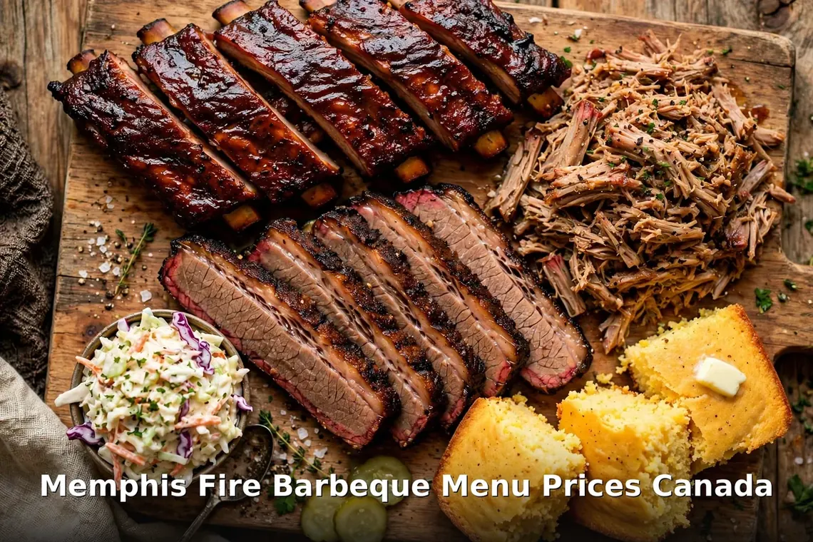 Memphis Fire Barbeque hickory-smoked ribs, brisket and pulled pork platter, memphis fire barbeque menu prices canada 2026