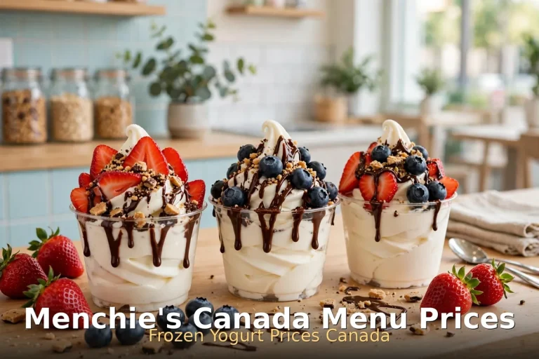 Menchie's Menu Prices Canada 2026, AI frozen yogurt cup photo with keyword text overlay