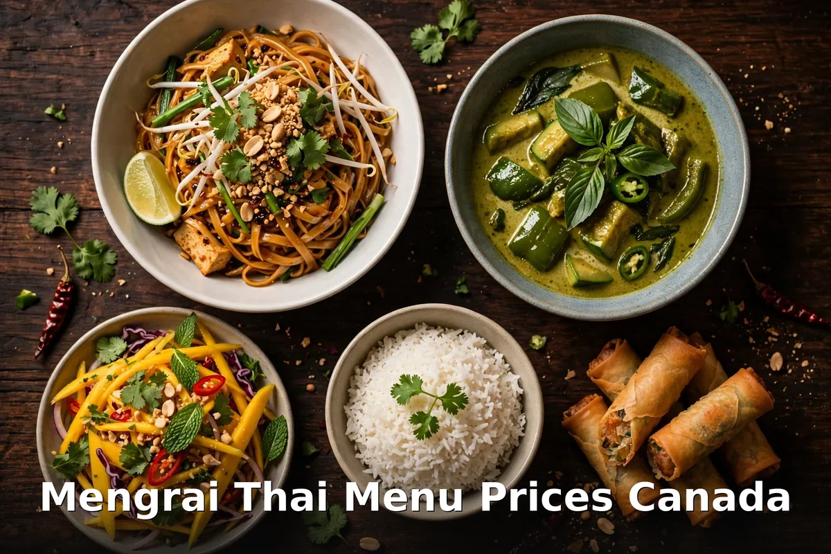 Mengrai Thai menu prices Canada 2026: fragrant pad thai with shrimp, tamarind noodles and lime, Mengrai Thai Menu Prices Canada