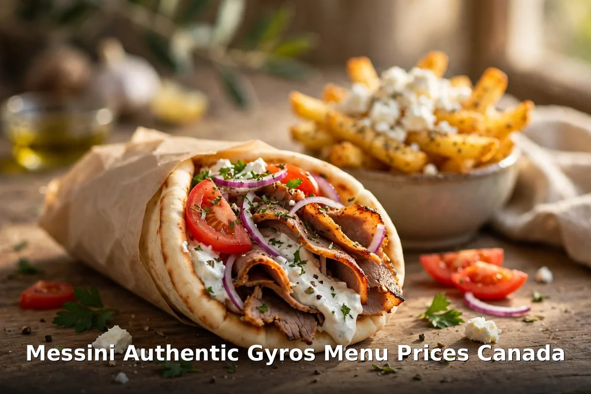 Messini Authentic Gyros menu prices Canada: gyro pita with pork, tzatziki, tomato and red onion plus feta-topped Greek fries