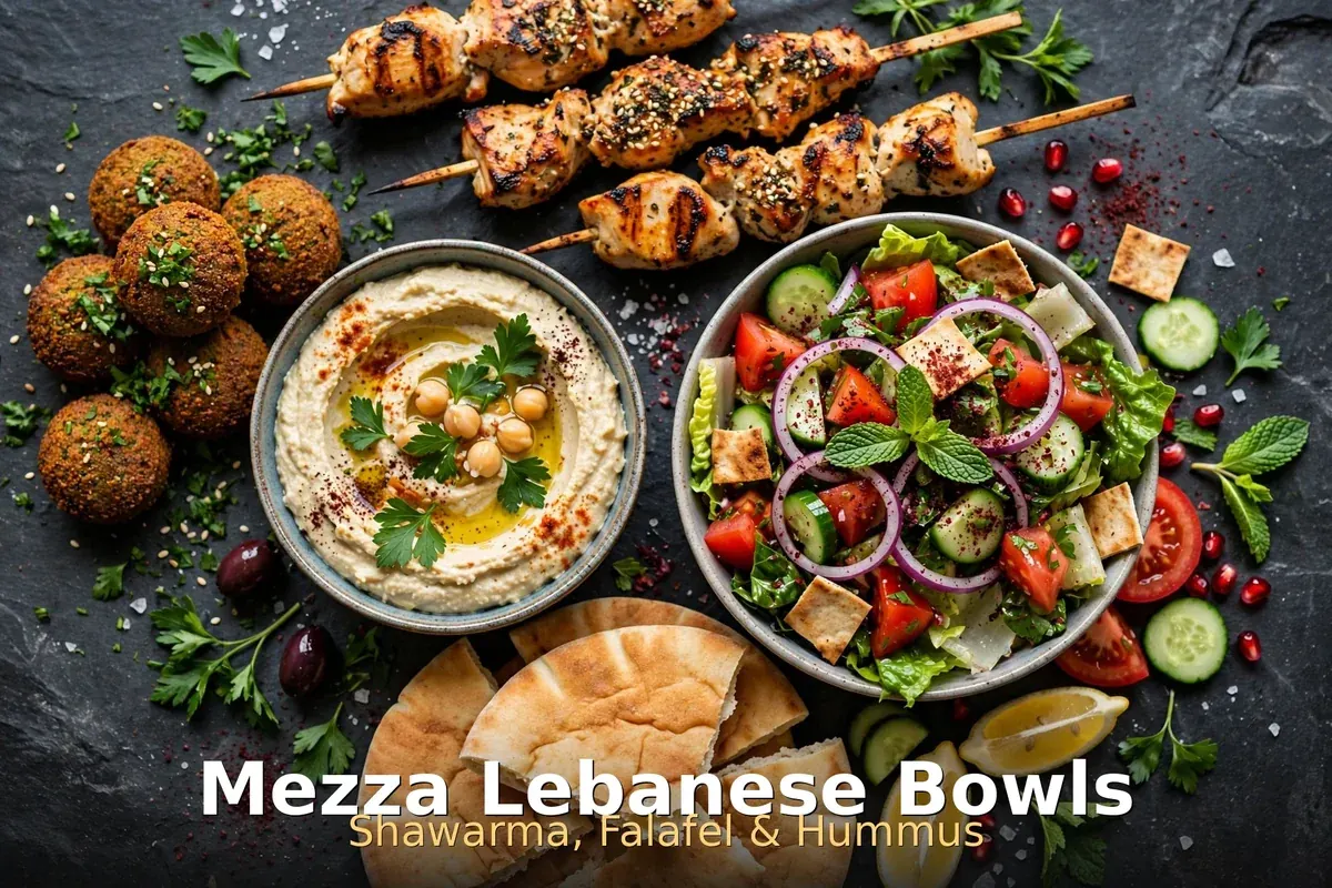 Lebanese shawarma bowl spread with falafel, hummus, chicken skewers and fattoush salad, mezza menu prices canada 2026