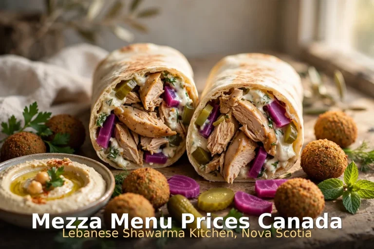 Mezza Lebanese Kitchen shawarma wraps and falafel with hummus, mezza menu prices canada 2026