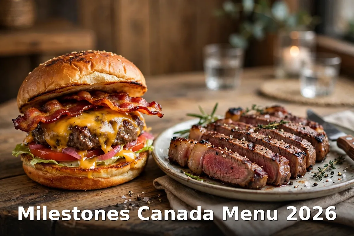Milestones OMG carrot cake prices Canada 2026: slice of signature carrot cake with cream cheese frosting and a craft peach Bellini