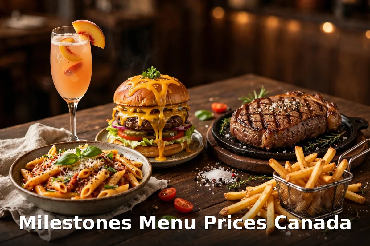 Milestones menu prices Canada 2026: juicy 1989 burger with fries and a craft peach Bellini
