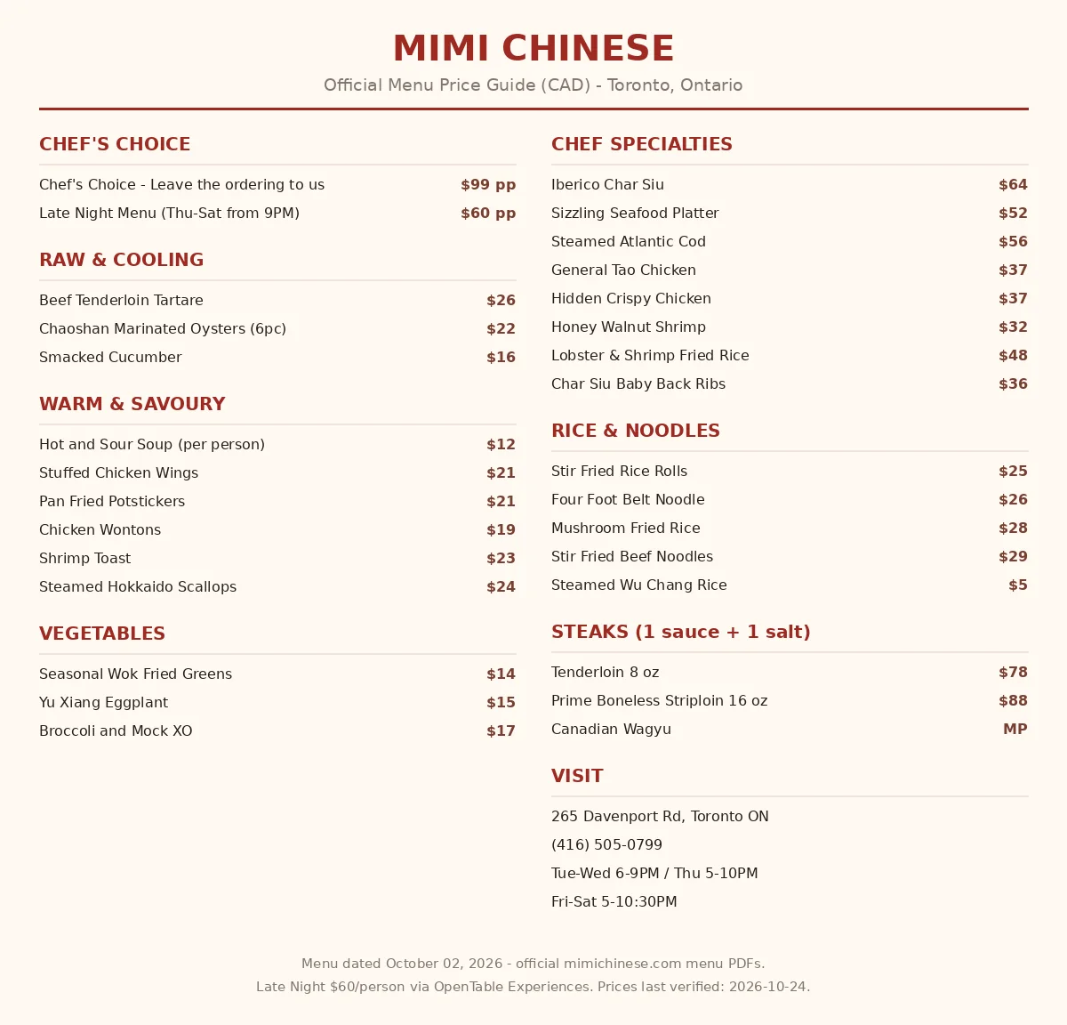 MIMI Chinese menu prices Canada 2026: verified CAD price guide with Chef's Choice, Late Night, raw and cooling dishes, warm savouries, chef specialties, rice and noodles, steaks and vegetables