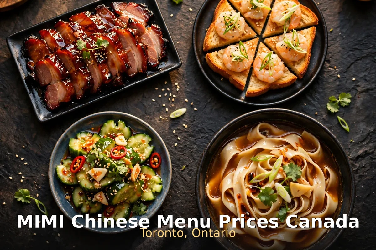 MIMI Chinese menu prices Canada 2026: char siu, shrimp toast, smacked cucumber and belt noodles on dark stone, restaurant food photography