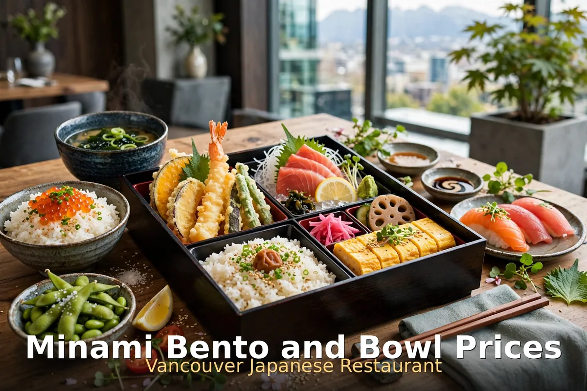 Minami bento and bowl prices Vancouver: Japanese bento box with sashimi, tempura, rice and soup, Minami menu prices Canada