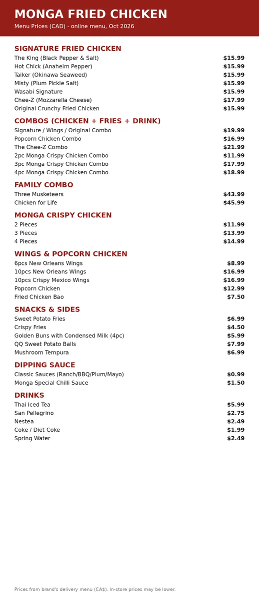Monga menu card Canada, monga fried chicken menu canada prices