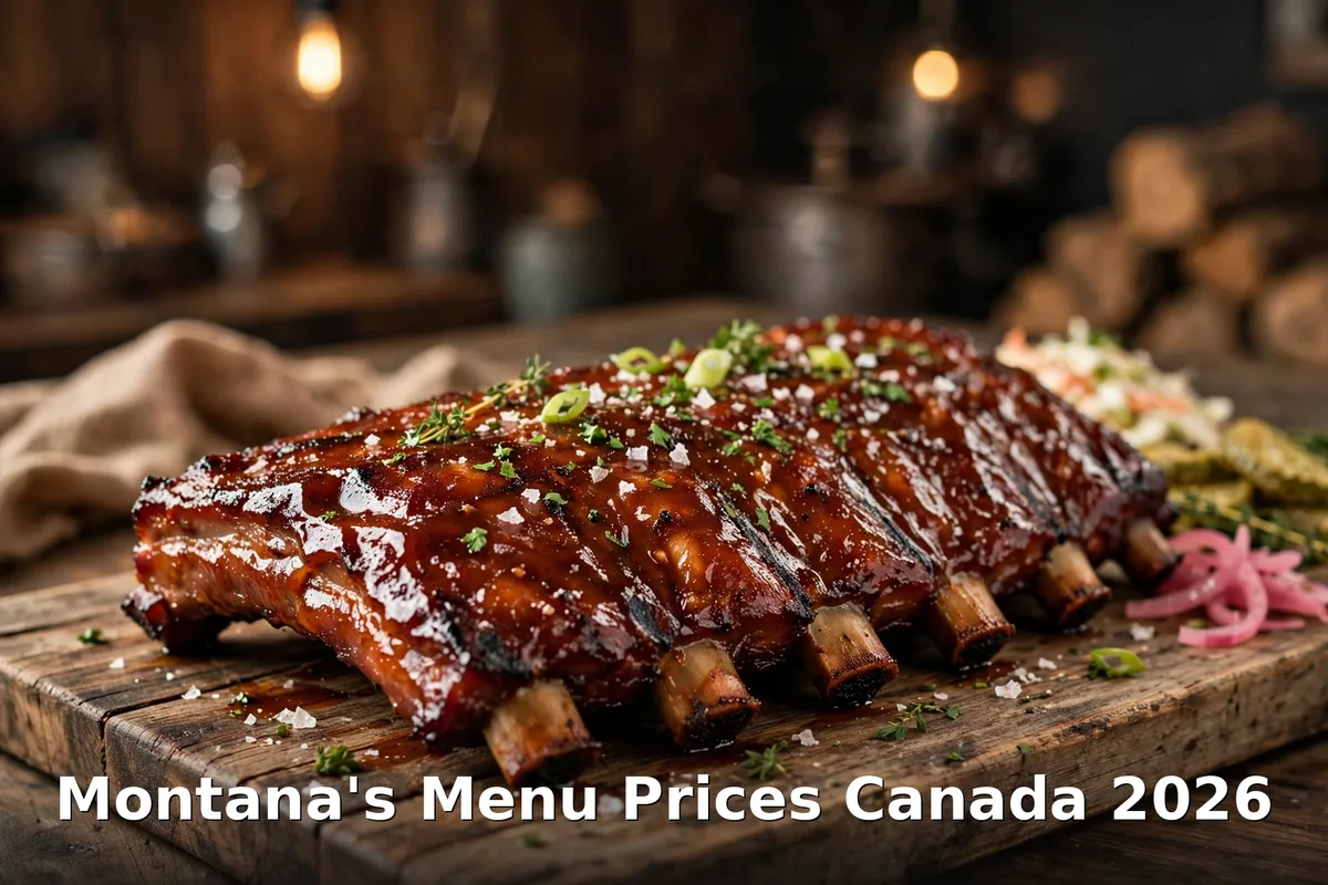 Montana's menu prices Canada 2026: glazed BBQ pork back ribs with coleslaw and pickles on a wooden board