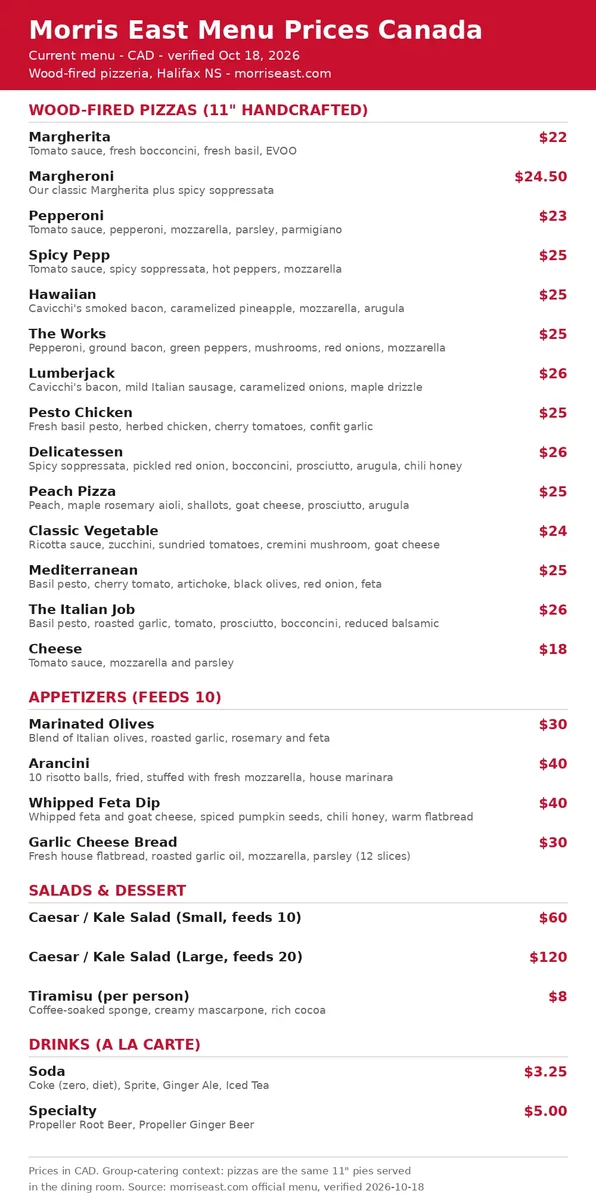 Morris East official current menu card with all wood-fired pizza, appetizer, salad and drink prices in CAD, morris east menu prices canada
