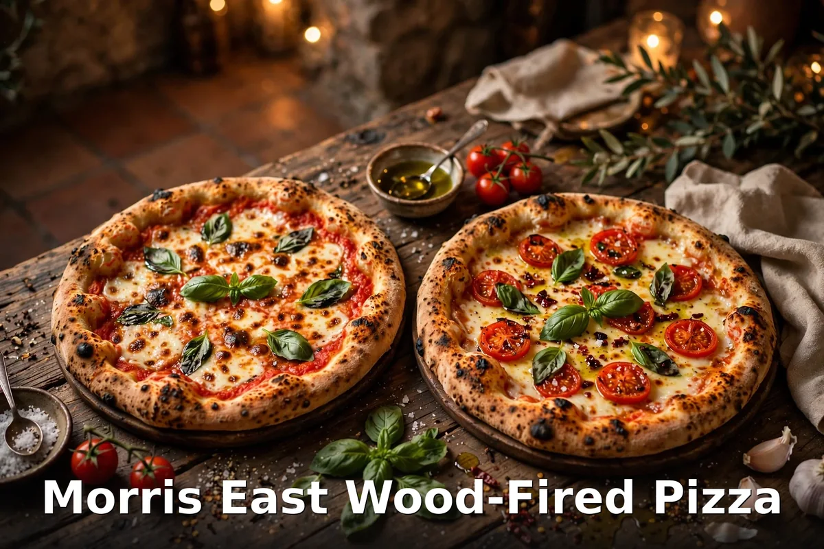 Two wood-fired pizzas on a rustic table with basil and tomatoes, morris east menu prices canada 2026